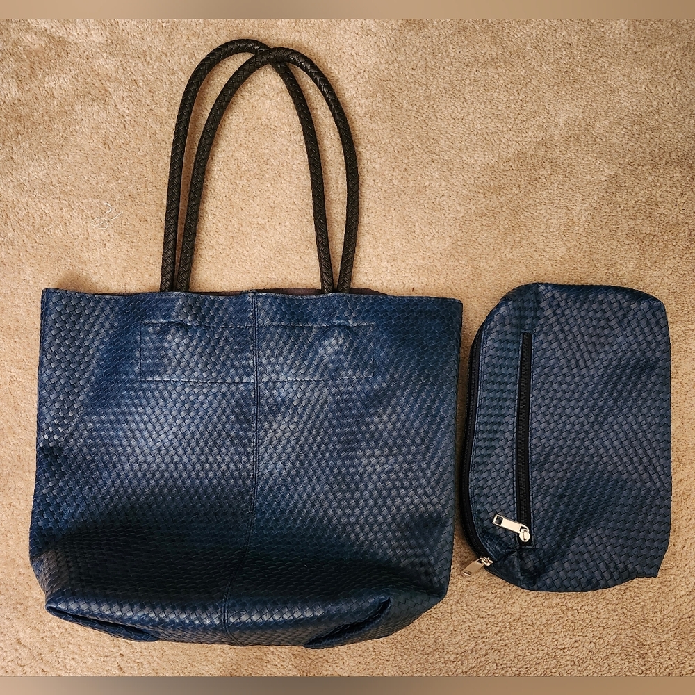 Blue Woven Tote Bag with Matching Pouch